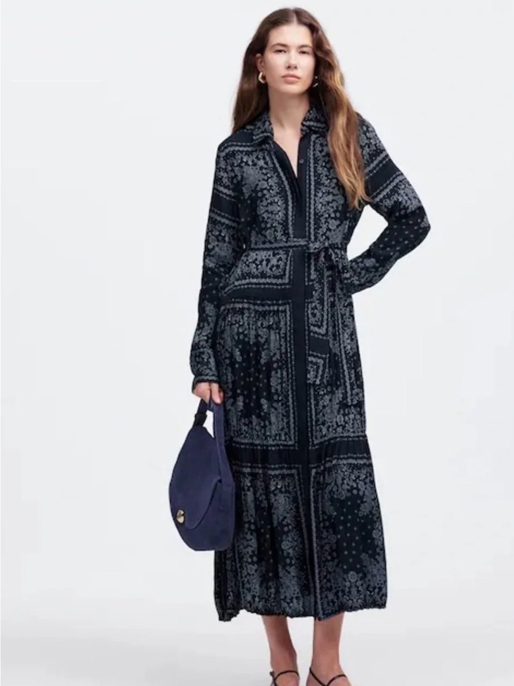 Long Sleeve Navy Printed Shirt Dress with Tie Waist